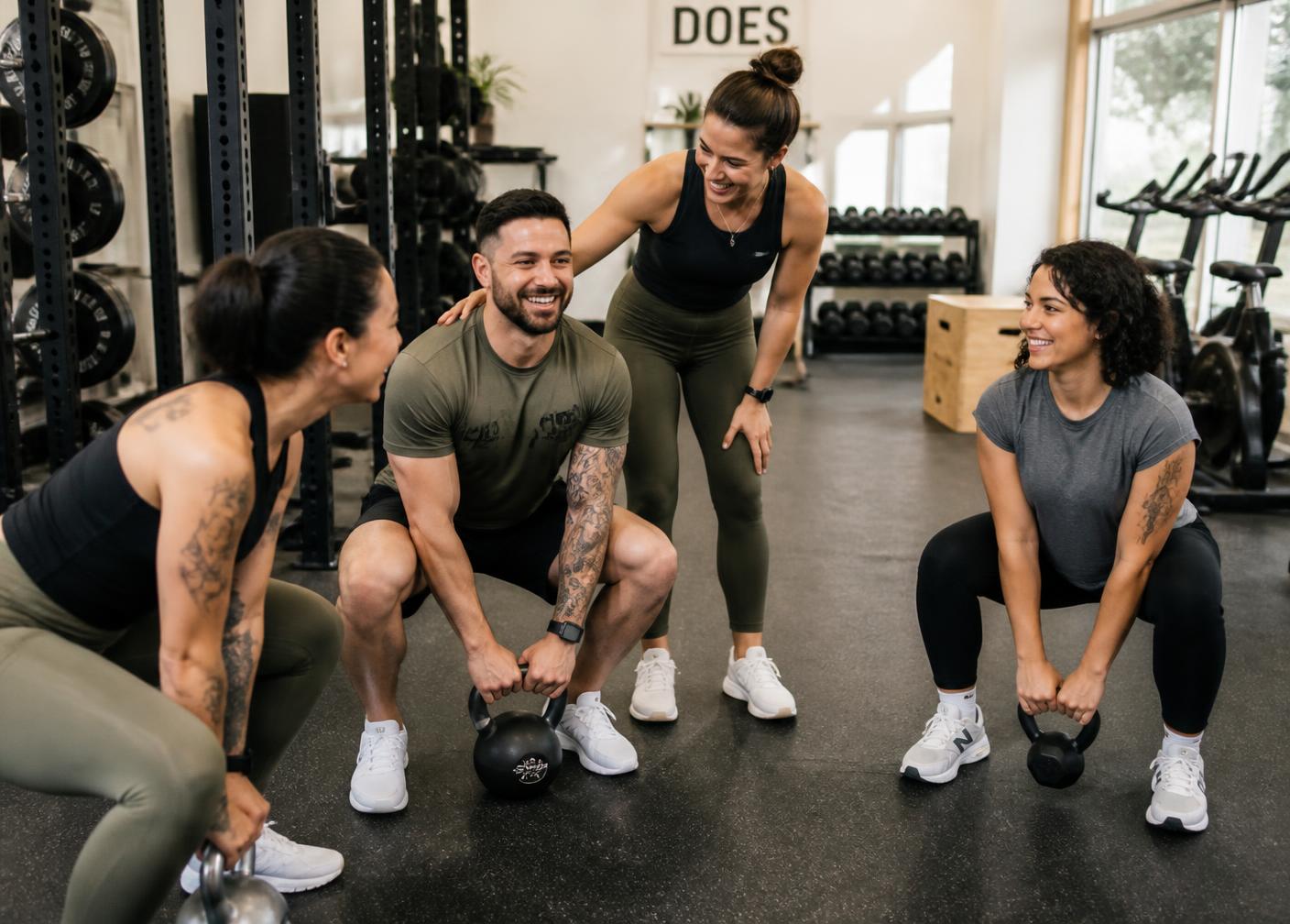 Adults strength training together and encouraging each other in a bright gym